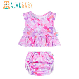 ALVABABY Swimwear Baby Girl Summer Swim Set Printed Sleeves Swim