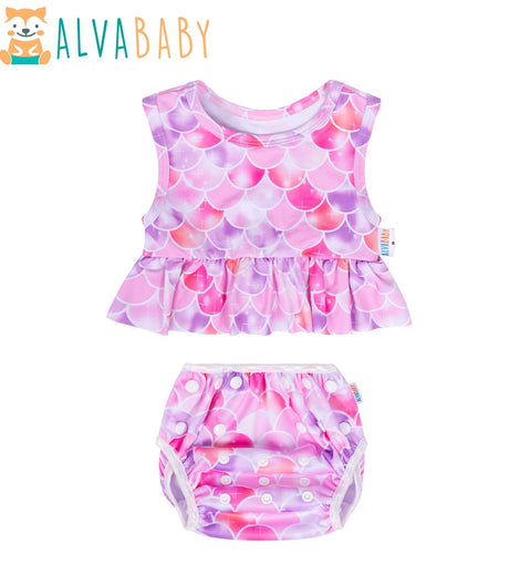 ALVABABY Swimwear Baby Girl Summer Swim Set Printed Sleeves Swim