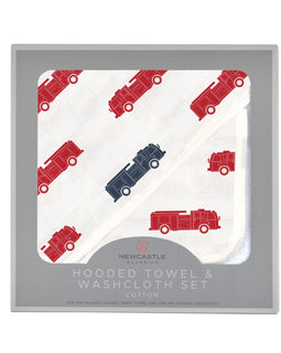 Blue and Red Fire Trucks Hooded Towel and Washcloth Set