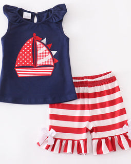 Girls Nautical Sailboat Tank And Ruffle Shorts Outfit