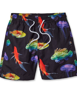 Board Shorts with Neon Fish on Black