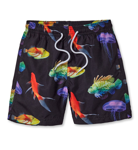 Board Shorts with Neon Fish on Black